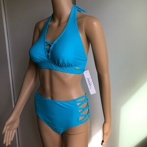 New Nicole Miller crisscross Blue Halter Bikini Set highwaist bottom size 8